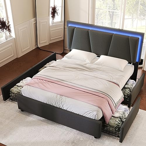 EINHOM Bett 140x200 cm, Polsterbett mit LED-Beleuchtung, Doppelbett mit Höhenverstellbarem Kopfteil, Stauraumbett mit 4 Schubladen, Lattenrost aus Holz, Ohne Matratze, Garu von EINHOM
