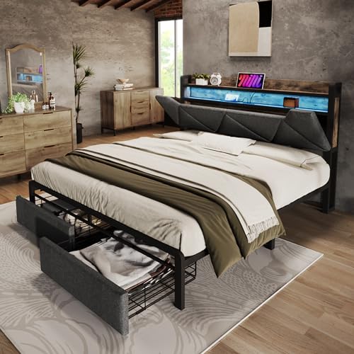 EINHOM Bett 140x200 cm, Polsterbett mit USB-Typ-C-Ladefunktion Stauraum-Kopfteil, Doppelbett mit LED-Beleuchtung und Schubladen, Lattenrost aus Metallrahmen, Grau, Ohne Matratze von EINHOM