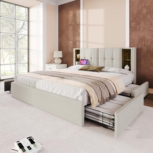 EINHOM Bett 160x200 cm, Polsterbett mit Kabellosem Laden-USB-C, Doppelbett mit 4 Schubladen, Lattenrost aus Holz, Stauraumbett, Jugendbett, Samt, Ohne Matratze (Beige) von EINHOM