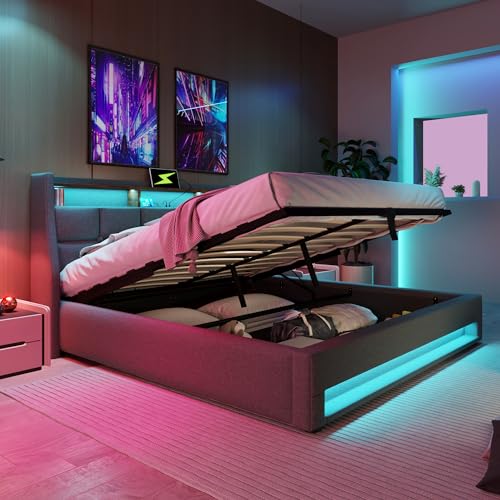 EINHOM Bett 160x200 cm, Polsterbett mit LED-Beleuchtung, Doppelbett mit Hydraulischer Stauraum, Jugendbett mit Lattenrost aus Metallrahmen, Leinen-Material, Ohne Matratze, Grau von EINHOM