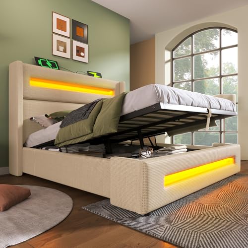 EINHOM Bett 180x200 cm, Polsterbett mit Hydraulischem Stauraum, Jugendbett mit LED-und USB Type-C Aufladen, Metallbettrahmen mit Holzlatten, Leinen, Ohne Matratze, Beige von EINHOM