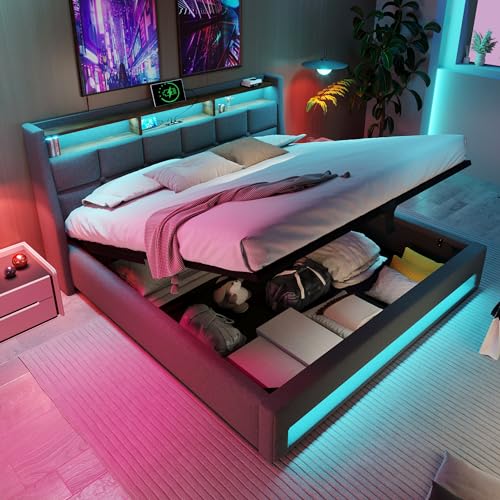 EINHOM Bett 180x200 cm, Polsterbett mit LED-Beleuchtung, Doppelbett mit Hydraulischer Stauraum, Jugendbett mit Lattenrost aus Metallrahmen, Leinen-Material, Ohne Matratze, Grau von EINHOM