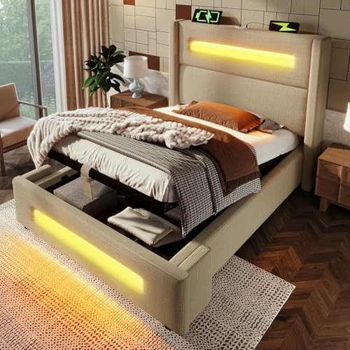 EINHOM Bett 90x200 cm, Polsterbett mit Hydraulischem Stauraum, Jugendbett mit LED-und USB Type-C Aufladen, Metallbettrahmen mit Holzlatten, Leinen, Ohne Matratze, Beige von EINHOM
