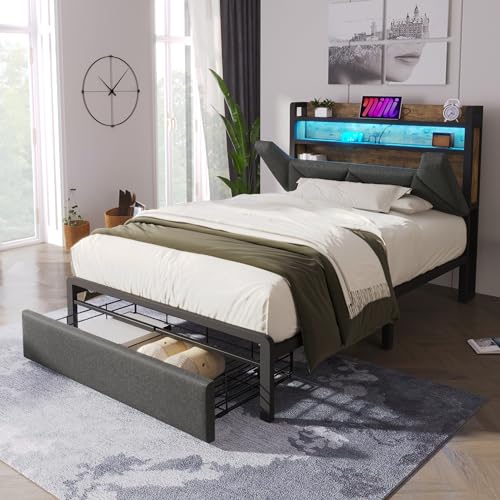 EINHOM Bett 90x200 cm, Polsterbett mit USB-Typ-C-Ladefunktion Stauraum-Kopfteil, Doppelbett mit LED-Beleuchtung und Schubladen, Lattenrost aus Metallrahmen, Grau, Ohne Matratze EINHOM Bett 90x200 cm, Polsterbett mit USB-Typ-C-Ladefunktion Stauraum-Kopfteil, Doppelbett mit LED-Beleuchtung und Schubladen, Lattenrost aus Metallrahmen, Grau, Ohne Matratze von EINHOM