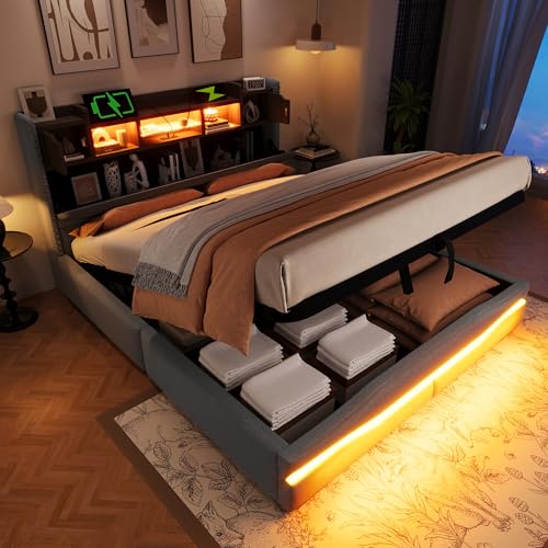 EINHOM Doppelbett Polsterbett 140x200, Stauraumbett mit Hydraulischer Stauraum, Jugendbett mit USB-und-C-Steckdose Ladefunktion, LED-Leuch, Leinen, Ohne Matratze (Grau, 160x200 cm) von EINHOM