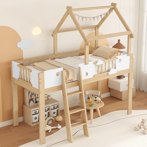 EINHOM Hochbett 90x200cm, Kinderbett mit Fallschutz und Geländer, Einzigartige Dachkonstruktion mit Dreistufiger Schrägleiter, Einzelbett, Kiefer + MDF + Sperrholz, Weiß + Natur (Ohne Matratze) von EINHOM