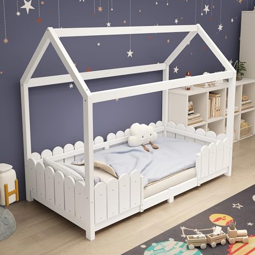 EINHOM Kinderbett 90x200 cm, Etagenbett mit Rausfallschutz und Lattenrost, Vielseitiges Holz Kinderbett für Jungen & Mädchen, Ohne Matratze (Weiß) von EINHOM