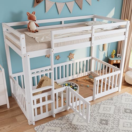 EINHOM Kinderbett 90x200 cm, Hochbett mit Rechtwinkliger Treppe, Etagenbett mit Zäune und Türchen, Bodenbett mit Fallschutz und Gitter, Massivholz, Ohne Matratze (Weiß) von EINHOM