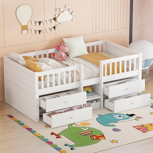 EINHOM Kinderbett 90x200 cm, Stauraumbett mit 4 Schubladen und Offene Ablagefächer, Halbhohes Bett mit Geländer, Lattenrost aus Holz, Kiefernholz, Ohne Matratze (Weiß) von EINHOM
