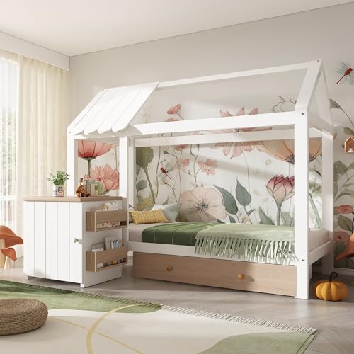 EINHOM Kinderbett 90x200 cm Hausbett-Design Bodenbett, Stauraum Massivholz mit Schubladen & Nachttisch, Weiß - Eiche (Ohne Matratze) von EINHOM