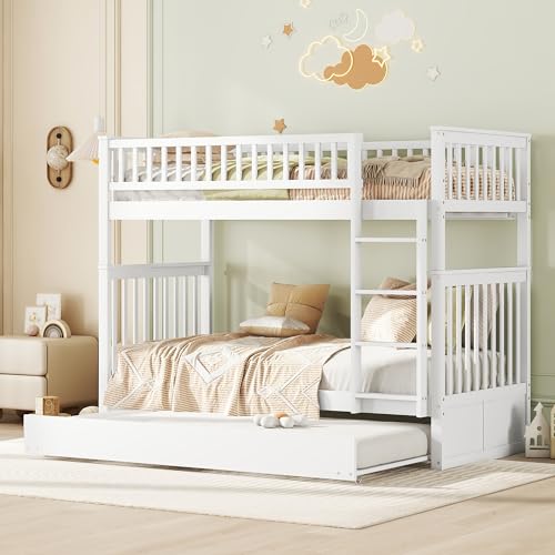 EINHOM Kinderbett 90x200cm, Etagenbett mit Ausziehbett, Bodenbett mit Geländer und Treppe, Kiefernholz+MDF, Ohne Matratze (Weiß) von EINHOM