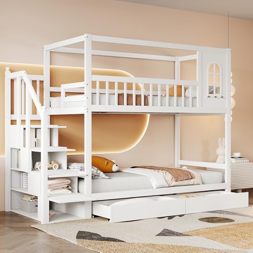 EINHOM Kinderbett 90x200cm, Etagenbett mit Schubladen, Hausbett mit Treppe und Geländer, Kiefer+ Sperrholz + MDF, Ohne Matratze (Weiß) von EINHOM
