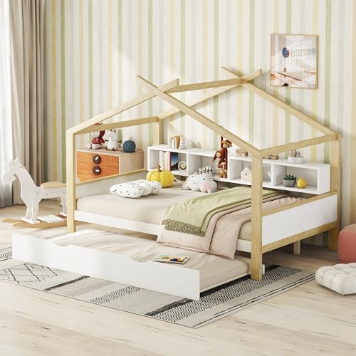 EINHOM Kinderbett Hausbett 140x200 cm – Mit Stauraum, Ausziehbett & 4 Staufächern, nutzbar als Jugendbett/Gästebett, Natural+White (Ohne Matratze) von EINHOM