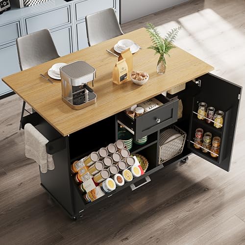 EINHOM Kücheninsel auf Rollen, Küchenschrank mit Ausziehbarer Arbeitsplatte, Speisewagen mit Holzmaserung, 2 Schubladen und 2 Türen, Handtuchhalter, 134 x 45.2 x 89 cm (Schwarz - B) von EINHOM