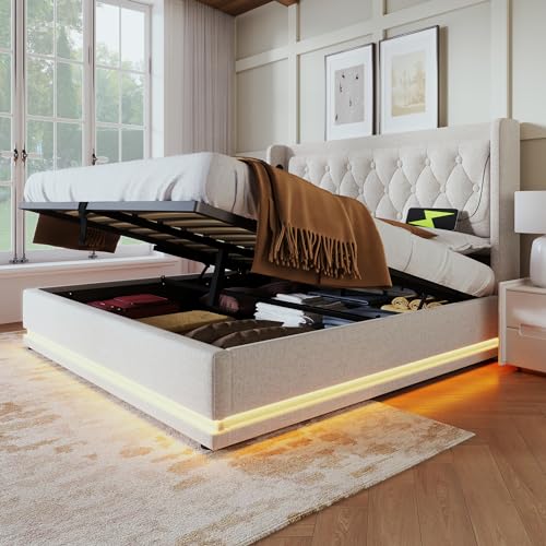 EINHOM Polsterbett 140x200 cm, Doppelbett mit Hydraulischem Stauraum, Bett mit USB-und-Typ-C Ladefunktion, 3-seitige LED-Funktion, Baumwolle-Materia, Ohne Matratze, Beige von EINHOM