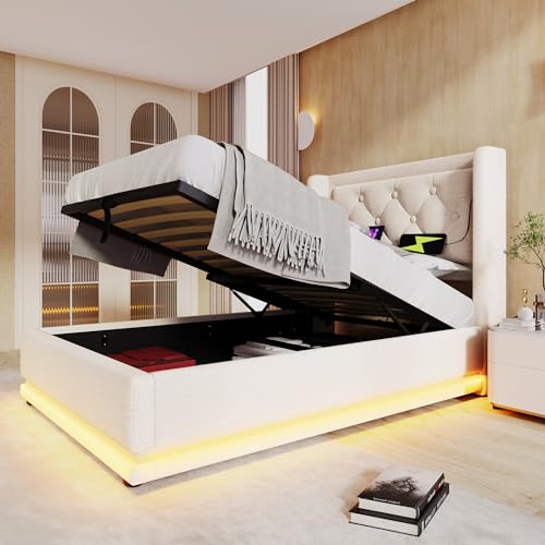 EINHOM Polsterbett 90x200, Einzelbett mit Hydraulischem Stauraum, Bett mit USB-und-Typ-C Ladefunktion, 3-seitige LED-Funktion, Baumwolle-Materia, Ohne Matratze, Beige von EINHOM