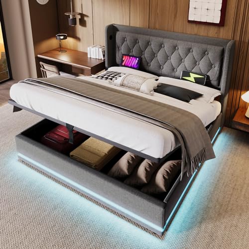 EINHOM Polsterbett 140x200 cm, Doppelbett mit Hydraulischem Stauraum, Bett mit USB-Ladefunktion, 3-seitige LED-Funktion, Baumwolle-Materia, Ohne Matratze, Grau von EINHOM
