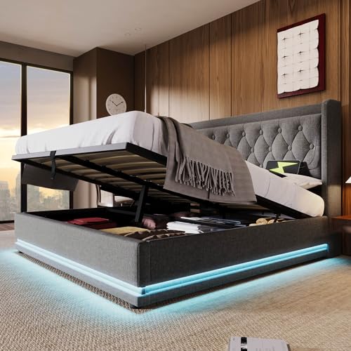 EINHOM Polsterbett 180x200 cm, Doppelbett mit Hydraulischem Stauraum, Bett mit USB-und-Typ-C Ladefunktion, 3-seitige LED-Funktion, Baumwolle-Materia, Ohne Matratze, Grau von EINHOM