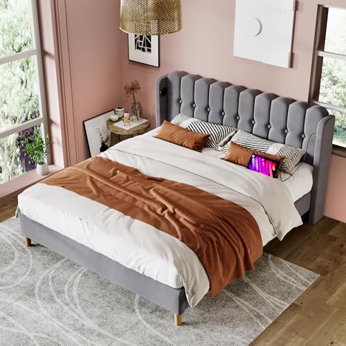 EINHOM Polsterbett 180x200 cm, Doppelbett mit USB-und-Typ-C-Ladefunktion, Bettgestell mit Lattenrost, Jugendbett für Schlafzimmer, Leinenmaterial, Ohne Matratze, Grau von EINHOM