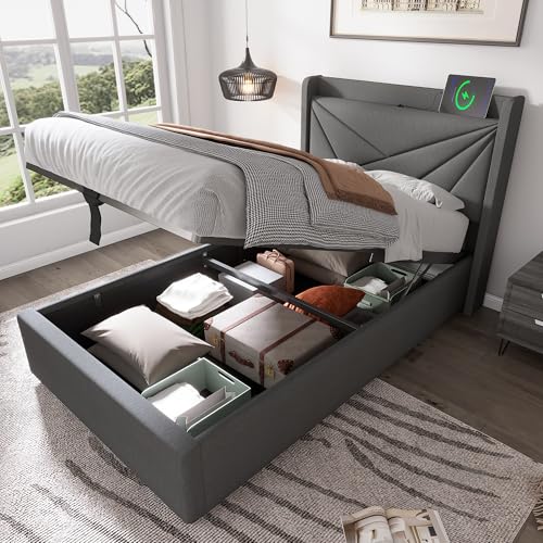 EINHOM Polsterbett 90x200 cm, Einzelbett mit USB-und-Typ-C-Ladefunktion Kopfteil, Stauraumbett mit Hydraulischer Stauraum, Jugendbett mit Lattenrost, Leinenmaterial, Ohne Matratze, Grau von EINHOM