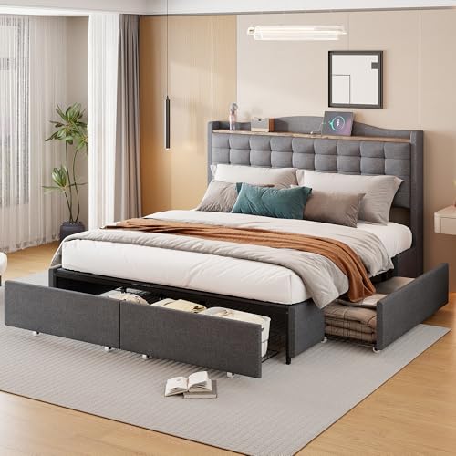 EINHOM Polsterbett 160x200 cm, Doppelbett mit USB-Ladeanschluss und Ablage, Stauraumbett mit 4 Schubladen, Jugendbett, Leinen-Material, Lattenrost aus Holz, Dunkelgrau, Ohne Matratze von EINHOM