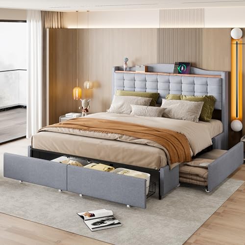 EINHOM Polsterbett 160x200 cm, Doppelbett mit USB-Ladeanschluss und Ablage, Stauraumbett mit 4 Schubladen, Jugendbett, Leinen-Material, Lattenrost aus Holz, Grau, Ohne Matratze EINHOM Polsterbett 160x200 cm, Doppelbett mit USB-Ladeanschluss und Ablage, Stauraumbett mit 4 Schubladen, Jugendbett, Leinen-Material, Lattenrost aus Holz, Grau, Ohne Matratze von EINHOM