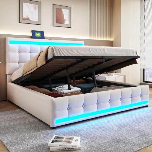 EINHOM Polsterbett 180x200 cm, Doppelbett mit Hydraulischer Stauraum, Jugendbett mit LED-Bettgestell und 2 USB-Ladestationen, Höhenverstellbares Kopfteil, Leinenstoff, Ohne Matratze, Beige von EINHOM