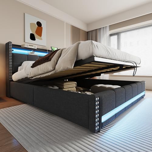 EINHOM Polsterbett 180x200 cm, Doppelbett mit LED-Beleuchtung und-USB-Steckdose, Stauraumbett mit Hydraulischer Stauraum, Kopfteil mit Einlegeböden, Leinen, Ohne Matratze, Grau EINHOM Polsterbett 180x200 cm, Doppelbett mit LED-Beleuchtung und-USB-Steckdose, Stauraumbett mit Hydraulischer Stauraum, Kopfteil mit Einlegeböden, Leinen, Ohne Matratze, Grau von EINHOM