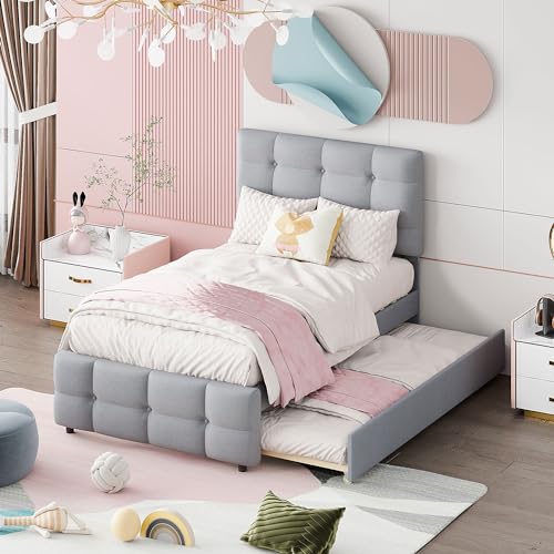 EINHOM Polsterbett 90 x 200 cm, Ausziehbares Kinderbett, Verstellbares Kopfteil, Hautfreundliche Leinenpolsterung, Flaches Einzelbett Kinderbett Jugendbett Gästebett, Grau (ohne Matratze) von EINHOM