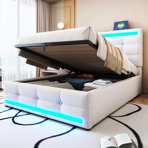 EINHOM Polsterbett 90x200 cm, Einzelbett mit Hydraulischer Stauraum, Jugendbett mit LED-Bettgestell und 2 USB-Ladestationen, Höhenverstellbares Kopfteil, Leinenstoff, Ohne Matratze, Beige von EINHOM