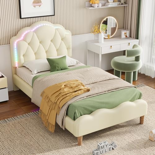 EINHOM Polsterbett 90x200 cm, Kinderbett mit Wechselnden-LED-Streifen, Einzelbett mit Stabiler Bettrahmen mit Lattenrost, Jugendbett mit Kopfteil, PU, Weiß, (Ohne Matratze) von EINHOM