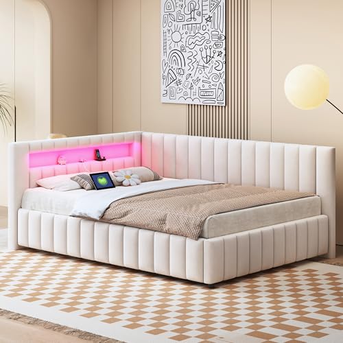 EINHOM Polsterbett Schlafsofa 140x200 cm, Tagesbett mit LED-Licht und USB-Ladeanschluss, Jugendbett mit Rückenlehne, Kopfteil und Bettrahmen, Samtstoff, Ohne Matratze (Beige) von EINHOM
