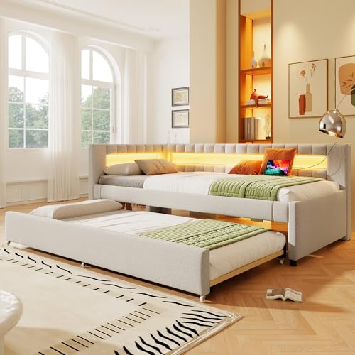 EINHOM Polsterbett Schlafsofa 90x200 cm, Tagesbett mit LED-Fernbedienungslichtleiste und USB+Type-C, Daybett mit Ausziehbett, Leinen, Lattenrost, Ohne Matratze, Beige EINHOM Polsterbett Schlafsofa 90x200 cm, Tagesbett mit LED-Fernbedienungslichtleiste und USB+Type-C, Daybett mit Ausziehbett, Leinen, Lattenrost, Ohne Matratze, Beige von EINHOM