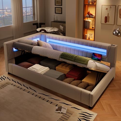 EINHOM Polsterbett Schlafsofa 90x200 cm, Tagesbett mit LED-Fernbedienungslichtleiste und USB+Type-C, Daybett mit Hydraulischer Stauraum, Leinen, Lattenrost, Ohne Matratze, Beige EINHOM Polsterbett Schlafsofa 90x200 cm, Tagesbett mit LED-Fernbedienungslichtleiste und USB+Type-C, Daybett mit Hydraulischer Stauraum, Leinen, Lattenrost, Ohne Matratze, Beige von EINHOM