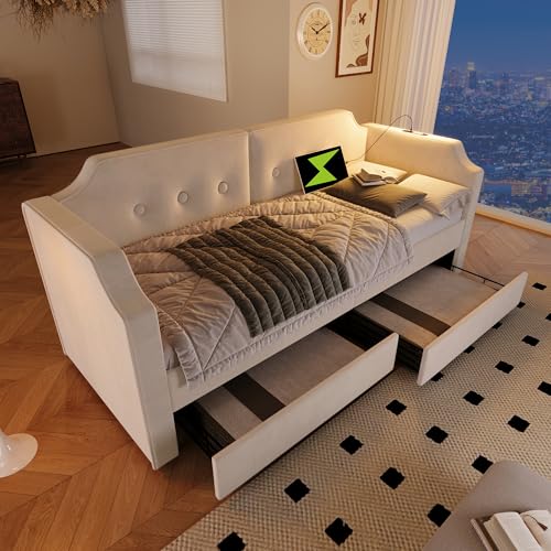 EINHOM Polsterbett Schlafsofa 90x200 cm, Tagesbett mit USB-Type-C-Leselicht, Kinderbett mit 2 Stauraum Schubladen, Bettgestell mit Lattenrost aus Holz, Samt, Ohne Matratze (Beige) von EINHOM