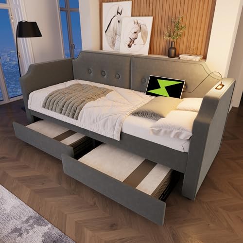 EINHOM Polsterbett Schlafsofa 90x200 cm, Tagesbett mit USB-Type-C-Leselicht, Kinderbett mit 2 Stauraum Schubladen, Bettgestell mit Lattenrost aus Holz, Samt, Ohne Matratze (Grau) von EINHOM