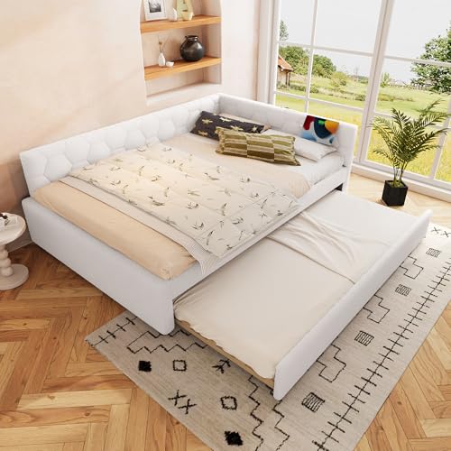 EINHOM Schlafsofa Polsterbett 140x200 cm, Tagesbett mit USB-Anschluss und -Typ-C, Sofabett mit Ausziehbett, Daybett mit 16 Farben Umgebungslicht, Lattenrost aus Holz, Vliesimitat, Ohne Matratze, Weiß von EINHOM