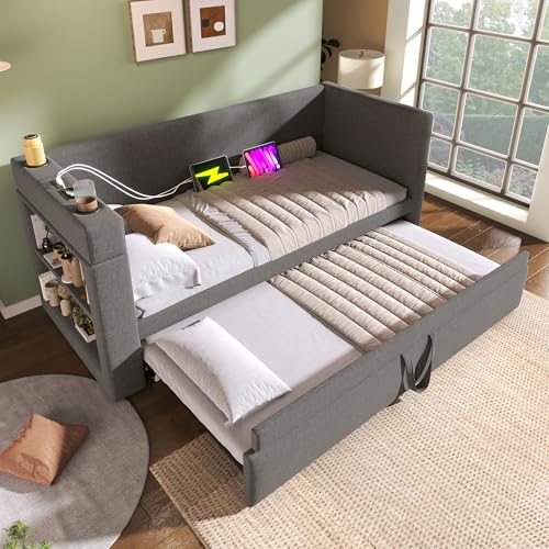 EINHOM Schlafsofa Polsterbett 90x190 cm, Tagesbett Einzelbett mit Ausziehbett, Armlehnen mit USB- & Type-C-Ladeanschluss und Getränkehalter, Leinen-Mischgewebe, Ohne Matratze, Grau EINHOM Schlafsofa Polsterbett 90x190 cm, Tagesbett Einzelbett mit Ausziehbett, Armlehnen mit USB- & Type-C-Ladeanschluss und Getränkehalter, Leinen-Mischgewebe, Ohne Matratze, Grau von EINHOM