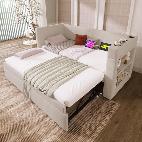 EINHOM Schlafsofa Polsterbett 90x200 cm, Tagesbett Einzelbett mit Ausziehbett, Armlehnen mit USB- & Type-C-Ladeanschluss und Getränkehalter, Leinen-Mischgewebe, Ohne Matratze, Beige EINHOM Schlafsofa Polsterbett 90x200 cm, Tagesbett Einzelbett mit Ausziehbett, Armlehnen mit USB- & Type-C-Ladeanschluss und Getränkehalter, Leinen-Mischgewebe, Ohne Matratze, Beige von EINHOM