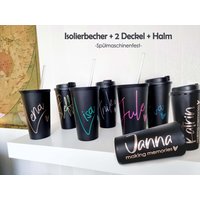 Spülmaschinenfest - Kein Aufkleber Becher in Schwarz O. Weiß Personalisiert, 2 Versch. Deckel +Trinkhalm, 400Ml 14 Verschiedene Farbtöne von EINZELSTvonKatharina