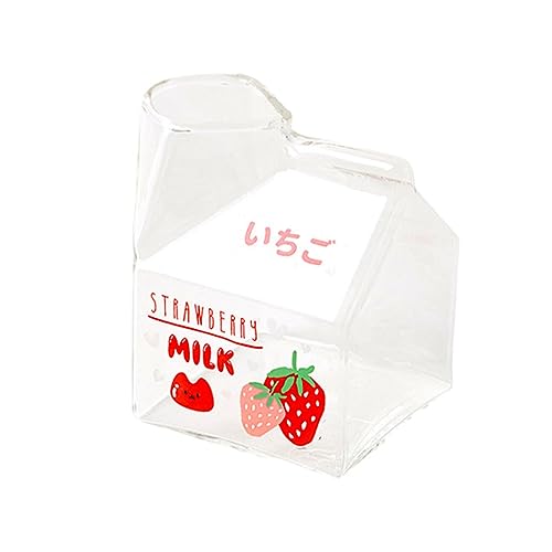 EIOLWJIEO Mikrowellenfester Milchbehälter aus Glas – praktischer und praktischer 100℃ quadratischer Milchkännchen, Kawaii Lebensmittelqualität, Erdbeere, 301–400 ml von EIOLWJIEO