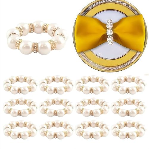 Serviettenringe mit Perlen-Strasssteinen für die Tischdekoration, runde Perlenschnallen, weiße Serviettenringe mit Perlenbesatz für die Dekoration von Abendessen, Empfängen und Partys (Golden 12pcs) von EIRZNGXQ