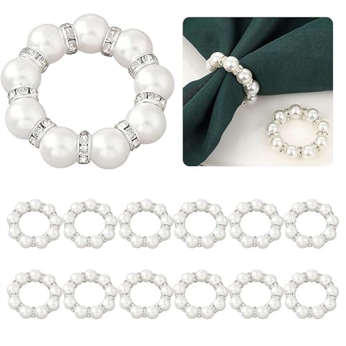 Serviettenringe mit Perlen-Strasssteinen für die Tischdekoration, runde Perlenschnallen, weiße Serviettenringe mit Perlenbesatz für die Dekoration von Abendessen, Empfängen und Partys (Silvery 12pcs) von EIRZNGXQ