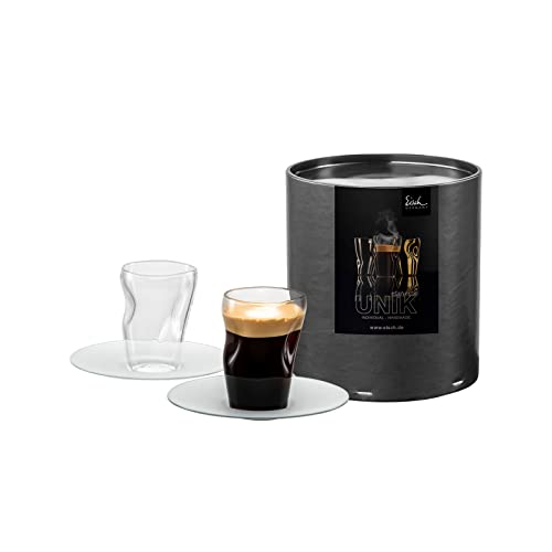 Eisch UNIK Espressogläser mit Untertassen, 2er Set, Handgefertigt, Unikate mit besonderer Formgebung, 100 ml, in Geschenkröhre von Eisch Glaskultur