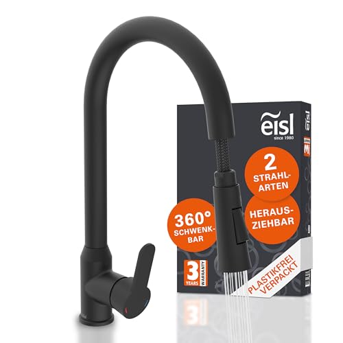 EISL Adria Wasserhahn Küche schwarz ausziehbar, Spültischarmatur schwarz 360°, Küchenarmatur schwarz mit hohem Auslauf, Wasserhahn Küche mit ausziehbarem Auslauf, Wasserhahn schwarz, NI183ADRB von EISL