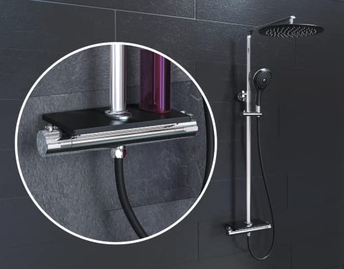 EISL GRANDE VITA Duschsystem mit Thermostat und Ablage, Regendusche mit Wandhalterung (auch für vorhandene Bohrlöcher), Duschsäule Duschgarnitur mit Duscharmatur im Set, Schwarz von EISL