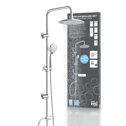 EISL DX12009 Duschset zum Kleben, Duschgarnitur mit Regendusche, Duschstange ohne Bohren, Duschsystem ohne Armatur, Duscharmatur mit Regenwalddusche und Handbrause mit 3 Strahlarten, Chrom von EISL