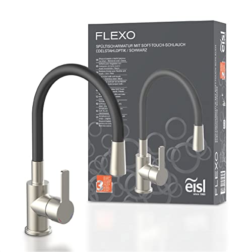 EISL Flexo Edelstahl/Schwarz Flexible Spültischarmatur, biegsamer Wasserhahn für die Küche, hoher Auslauf mit Soft-Touch-Schlauch, 360 Grad schwenkbar, mit Wassersparfunktion, NI186FLNIB von EISL