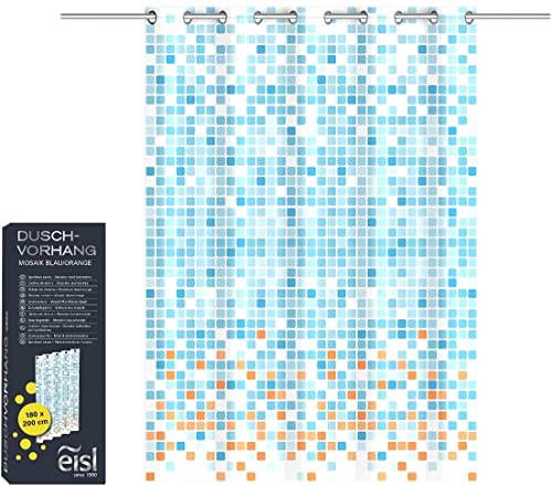 EISL Textil Duschvorhang mit Motiv (180x200 cm) für die Badewanne, waschbarer Antischimmel Vorhang mit wasserdichter Beschichtung, Vollständig Blickdicht Mosaik Blau/Orange von EISL