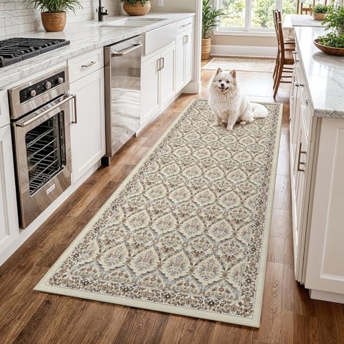 Waschbarer Teppichläufer für Flur, weich, mit rutschfester Gummi-Unterseite, niedriger Flor, floraler Teppichläufer für Badezimmer, Eingangsbereich, Waschküche, Heimdekoration (Beige, 5 x 15 cm) von EISUROM